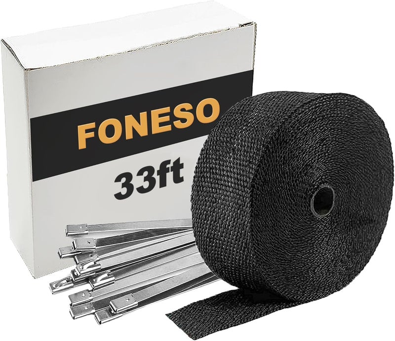 Foneso Black Exhaust Heat Wrap, 2'' x 33' Exhaust Header Wrap Tape Fiberglass Heat Shield Tape with 10pcs Stainless Steel Ties for Motorcycle Car Truck - Image 1